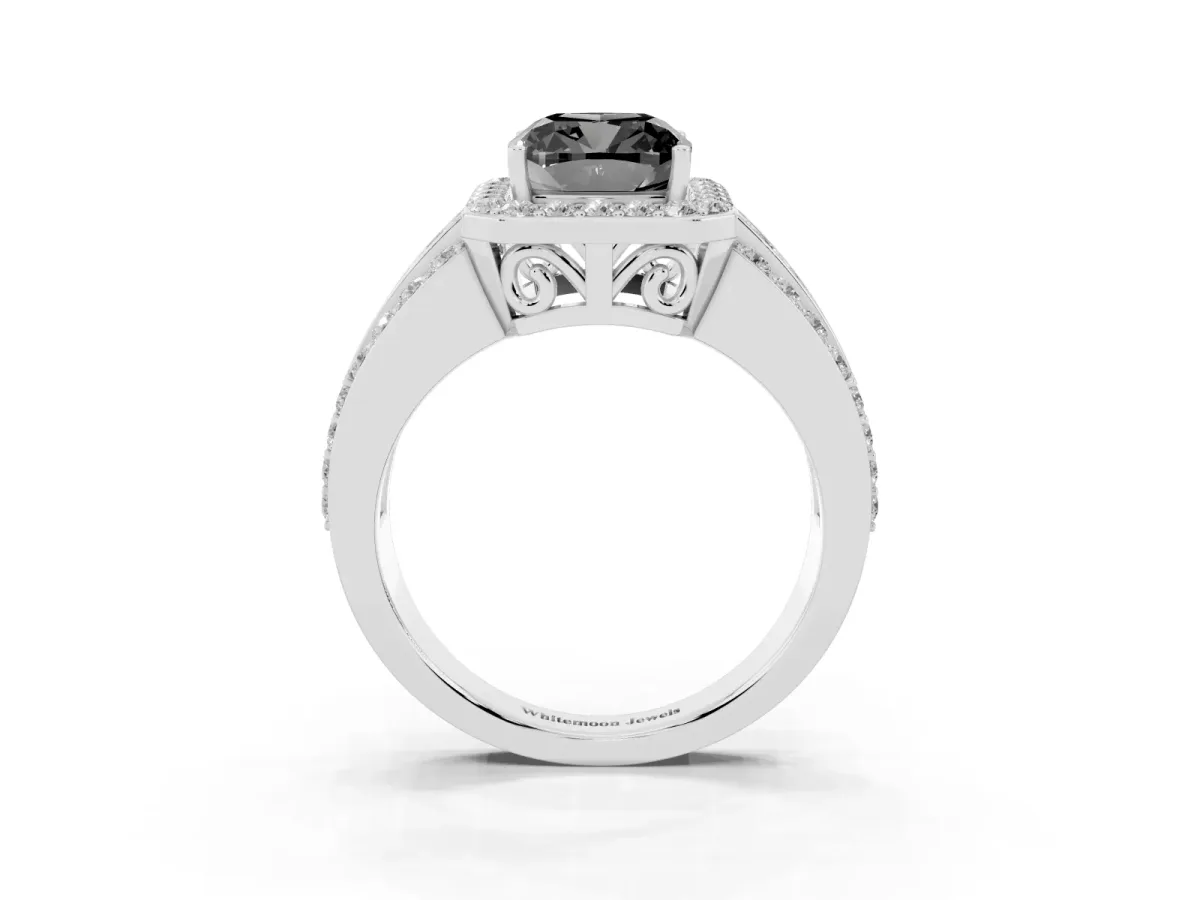Fancy Black Cushion Cut Halo Diamond Ring with Round Split Shank and Prong Setting Platinum