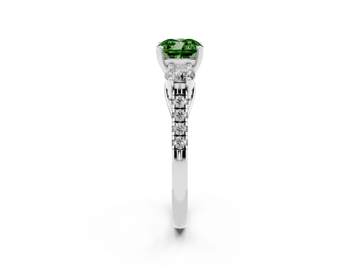 Fancy Green Three-Stone Cushion Cut Diamond Pavé Band with Four-Prong Setting Silver
