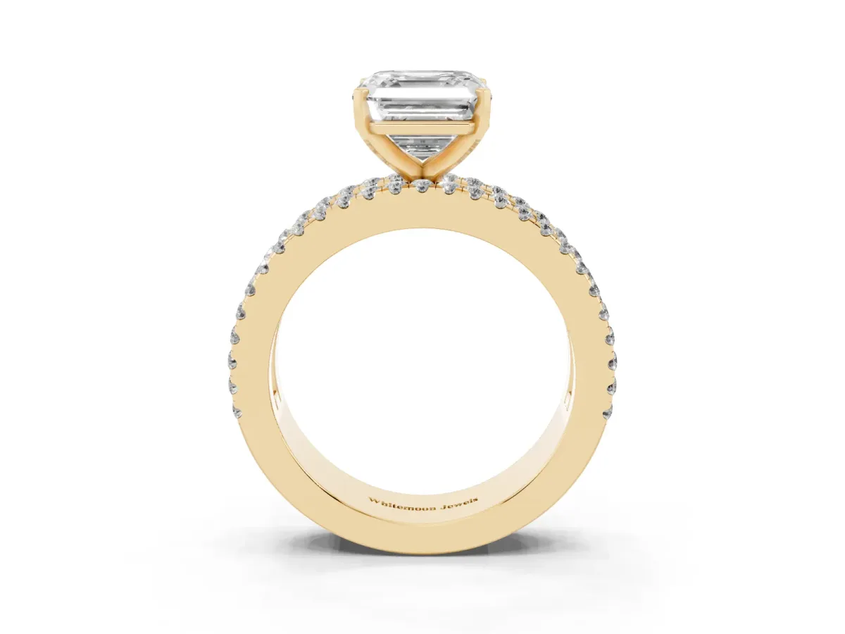 Asscher Cut Diamond Solitaire Ring with Pavé and Channel Set Band Yellow gold