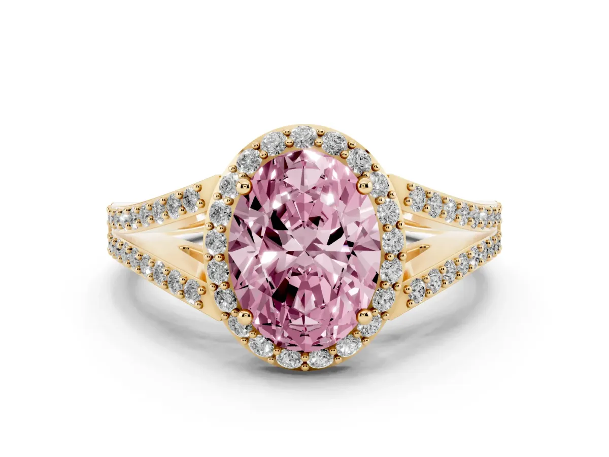 Fancy Pink Oval Cut Halo Split Shank Diamond Ring with Prong Setting Yellow gold