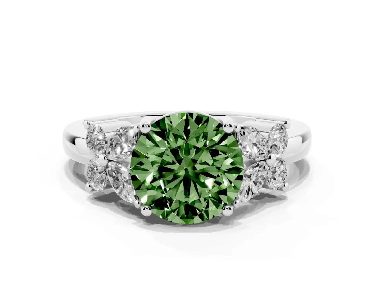 Fancy Green Round Cut Diamond Floral Cluster Ring with Solitaire Band and Prong Setting Silver