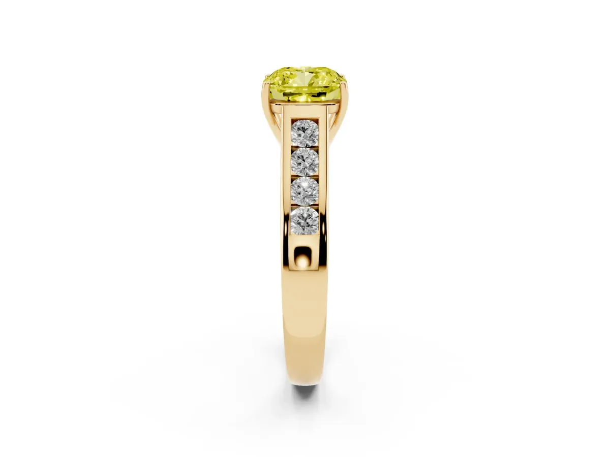 Fancy Yellow Cushion Cut Brilliant Channel-Set Solitaire Ring with Four-Prong Setting Yellow gold
