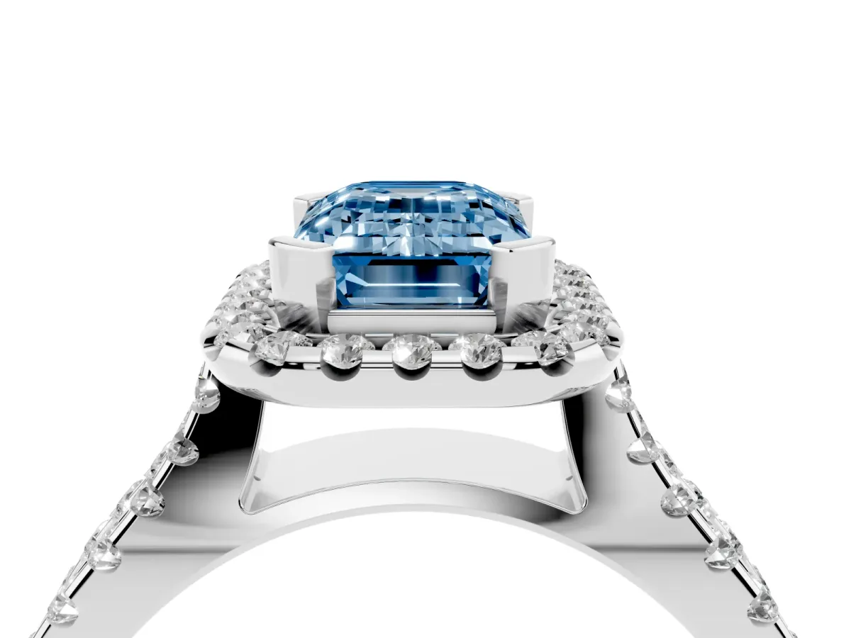 Fancy Blue Emerald Cut Diamond Halo Ring with Split Shank Pavé Band and Prong Setting Silver