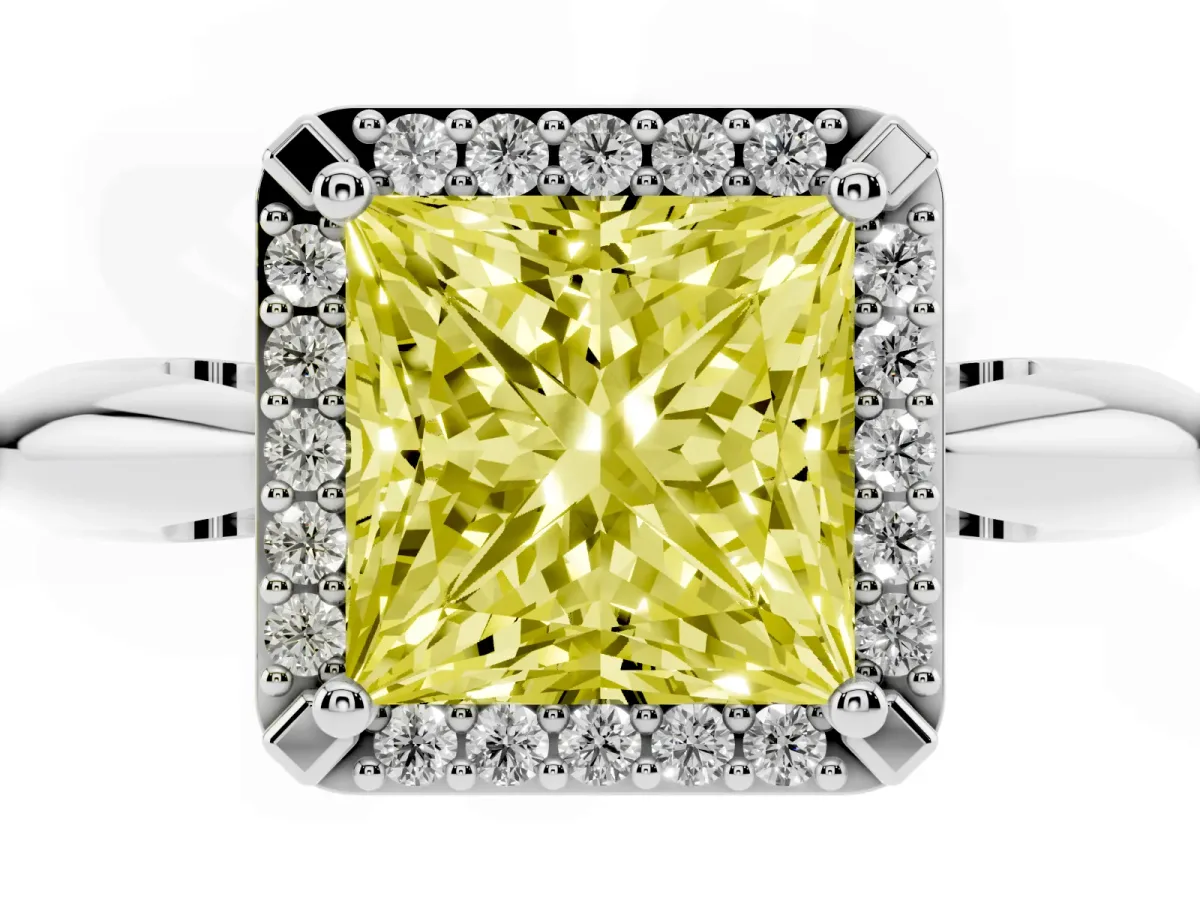 Fancy Yellow Princess Cut Cut Diamond Halo Engagement Ring with Split Shank and Four-Prong Setting Platinum