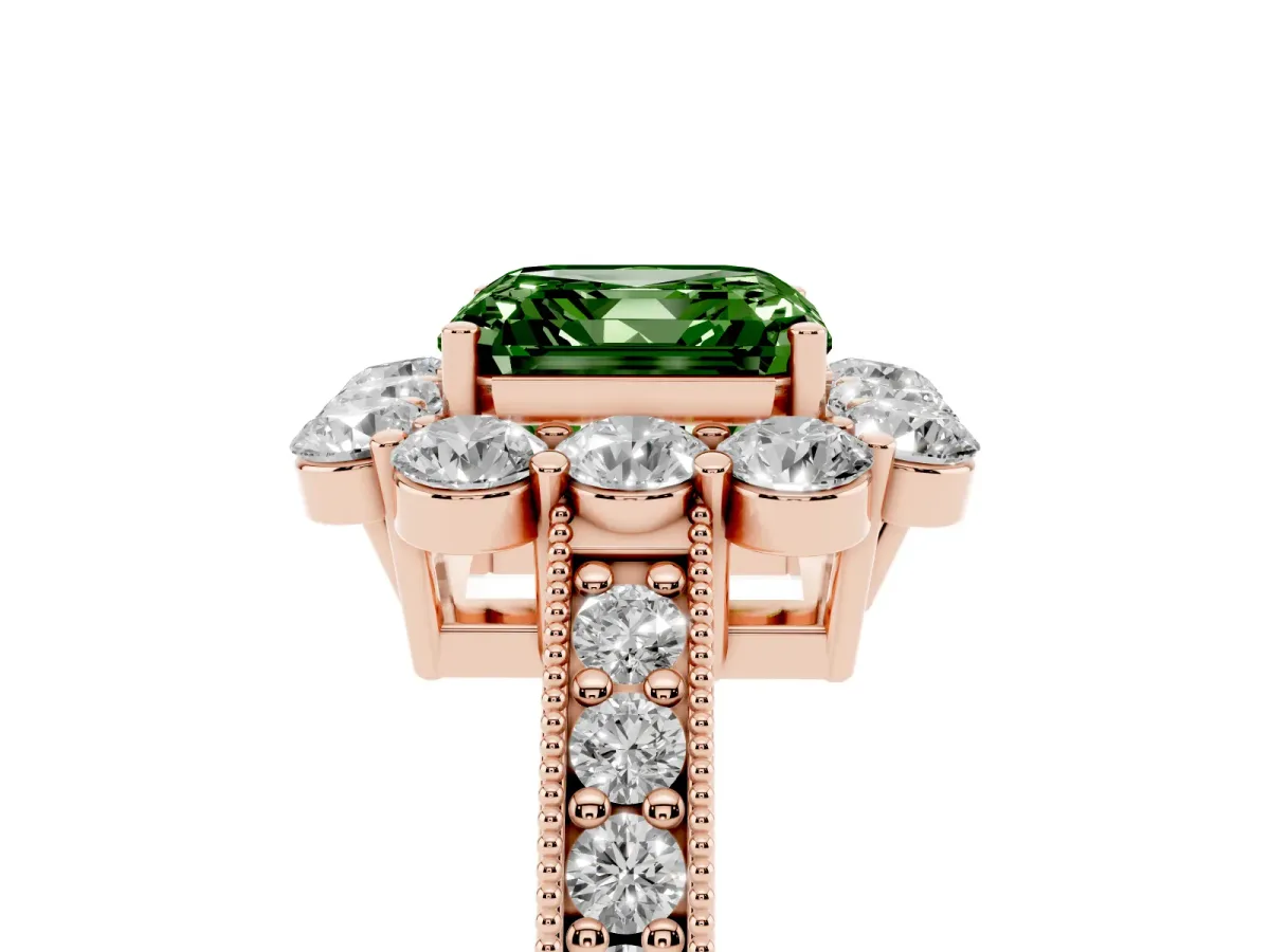 Fancy Green Asscher Cut Cut Halo Diamond Pavé Engagement Ring with Milgrain Detailing Rose gold