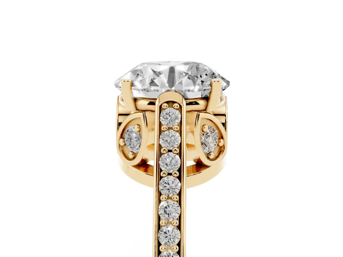 Round Cut Cut Cathedral Pave Diamond Engagement Ring with Six-Prong Setting Yellow gold