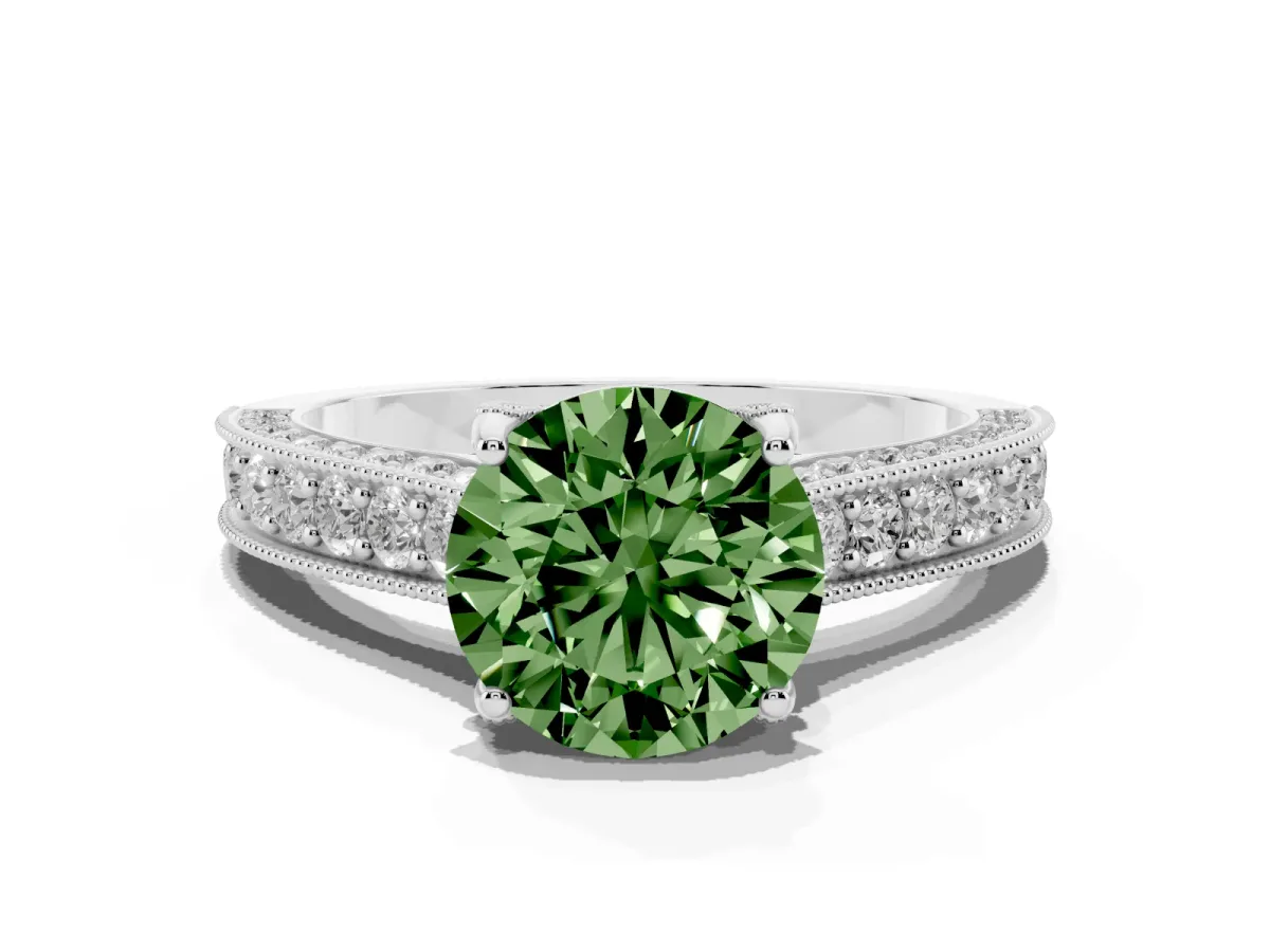 Fancy Green Round Cut Cut Diamond Solitaire Ring with Milgrain Pave Band and Four Prong Setting White gold