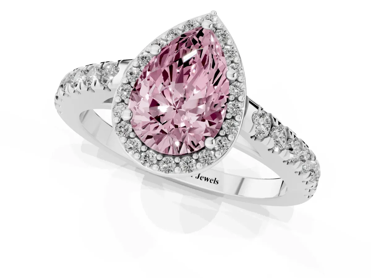 Fancy Pink Pear Cut Cut Halo Diamond Engagement Ring with Pave Band and Four-Prong Setting Platinum