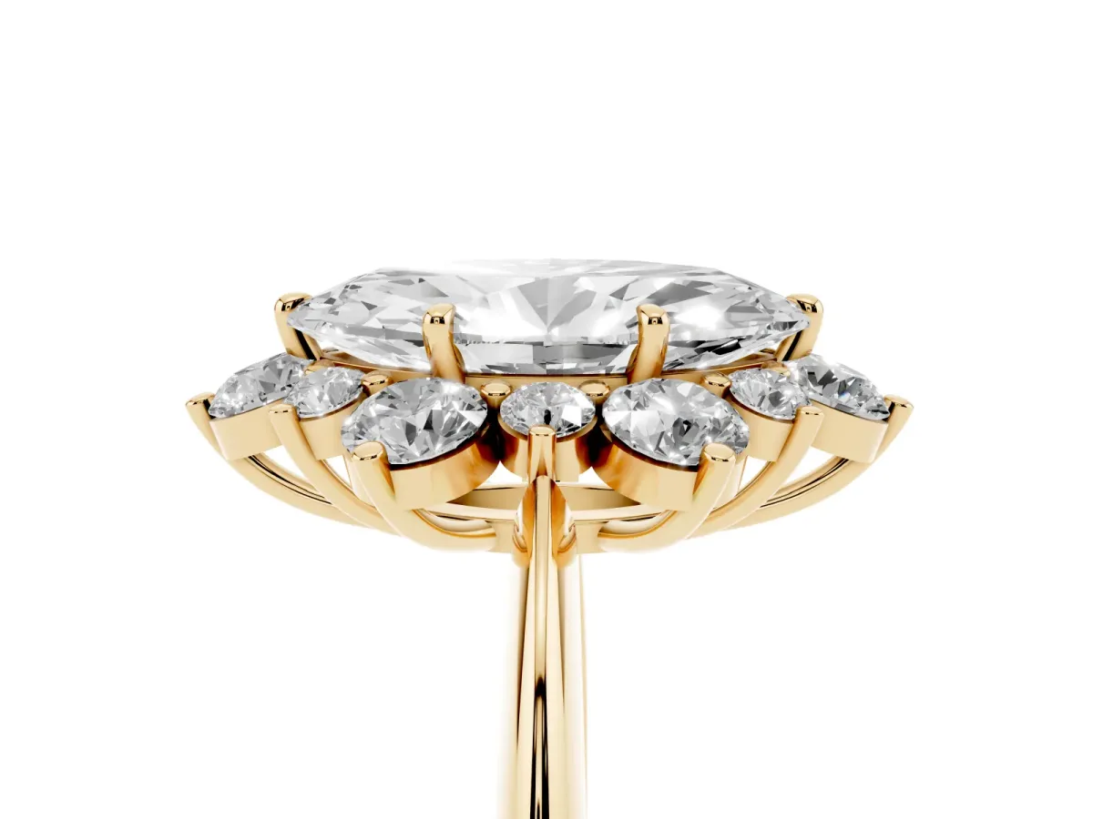 Marquise Cut Diamond Cluster Halo Ring with Solitaire Band and Four-Prong Setting Yellow gold