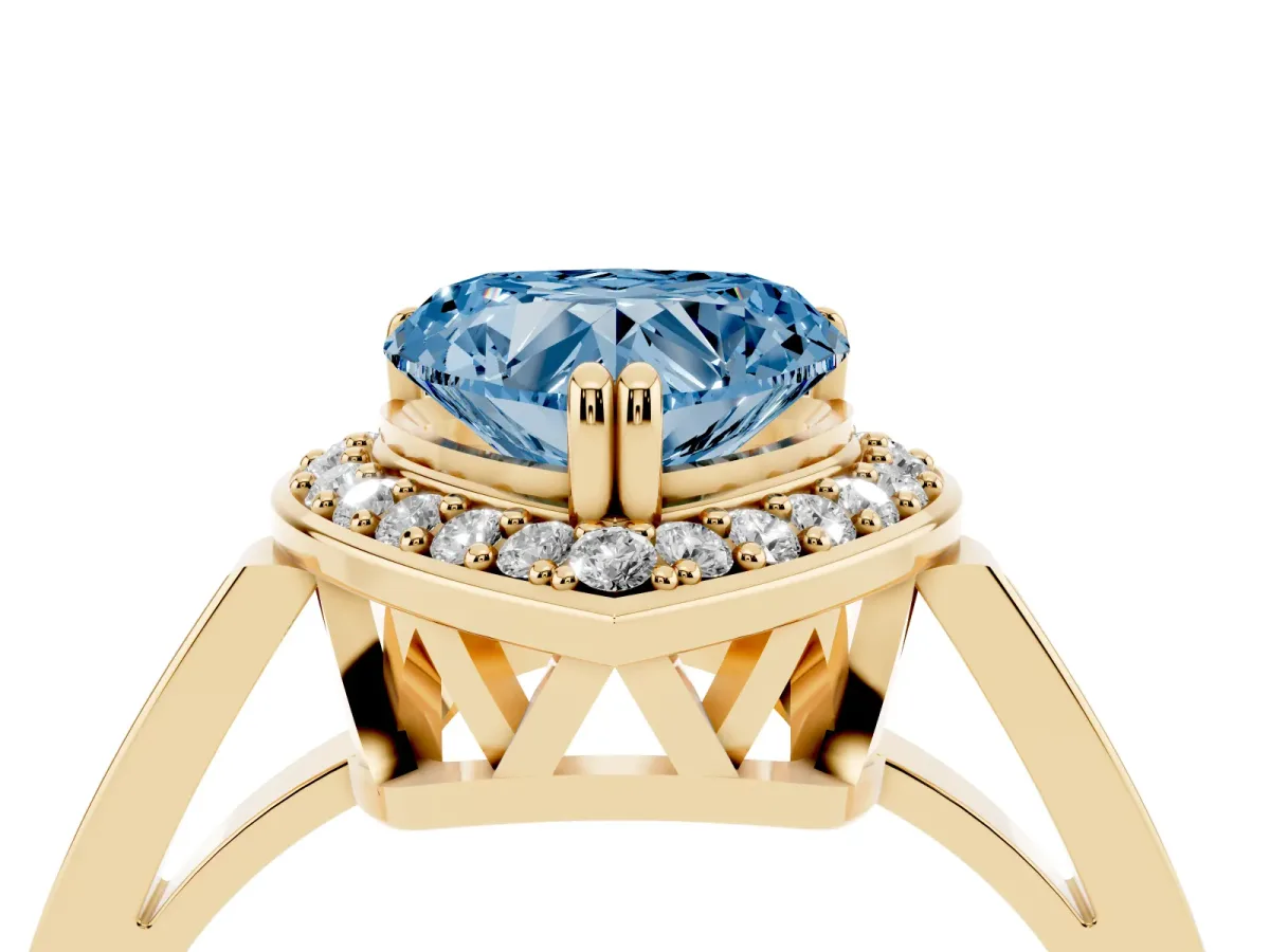 Fancy Blue Heart Cut Diamond Halo Ring with Split Shank and Four-Prong Setting Yellow gold