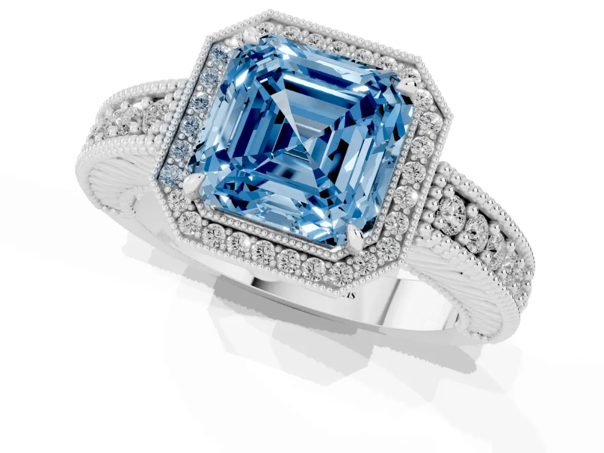 Fancy Blue Asscher Cut Cut Halo Diamond Ring with Pavé Band and Four-Prong Setting Silver