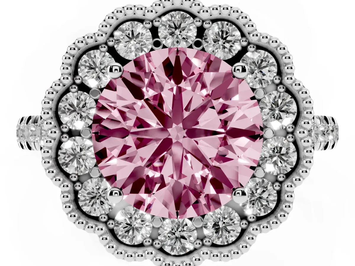Fancy Pink Round Cut Cut Diamond Milgrain Floral Halo Engagement Ring with Pavé Band Silver