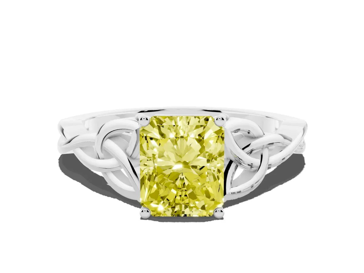 Fancy Yellow Radiant Cut Diamond Solitaire Engagement Ring with Celtic Knot Band and Four-Prong Setting White gold