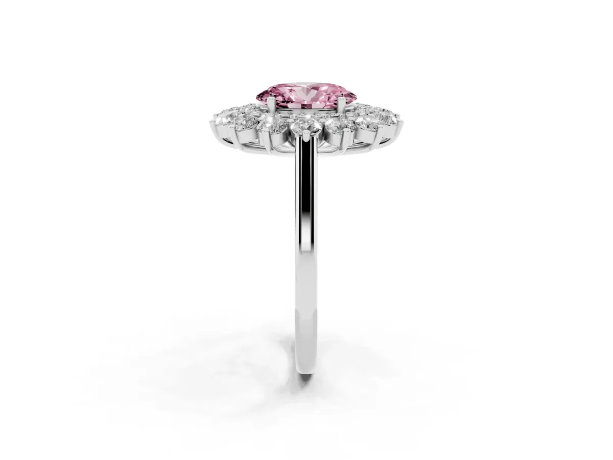 Fancy Pink Oval Cut Diamond Floral Double Halo Engagement Ring with Prong Setting Platinum