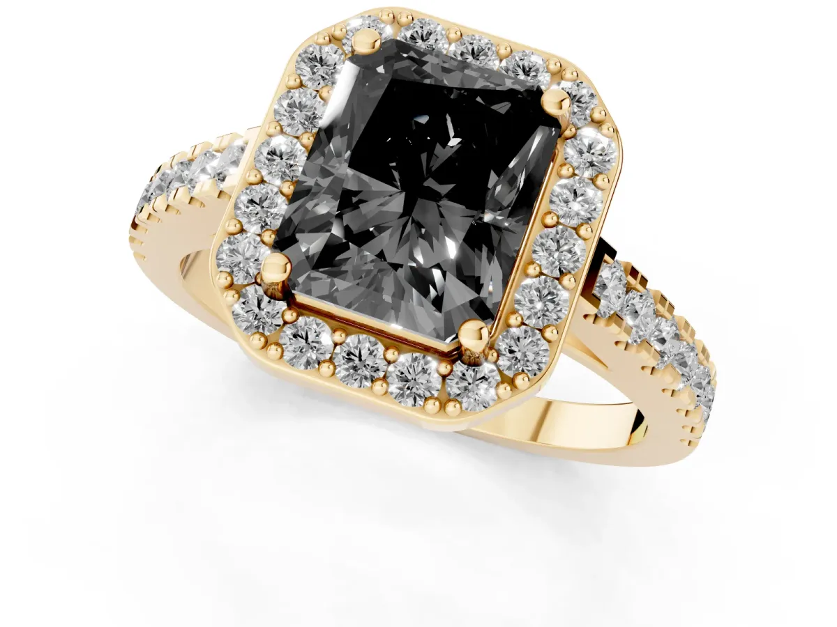 Fancy Black Radiant Cut Diamond Halo Ring with Round Pavé Split Shank and Prong Setting Yellow gold