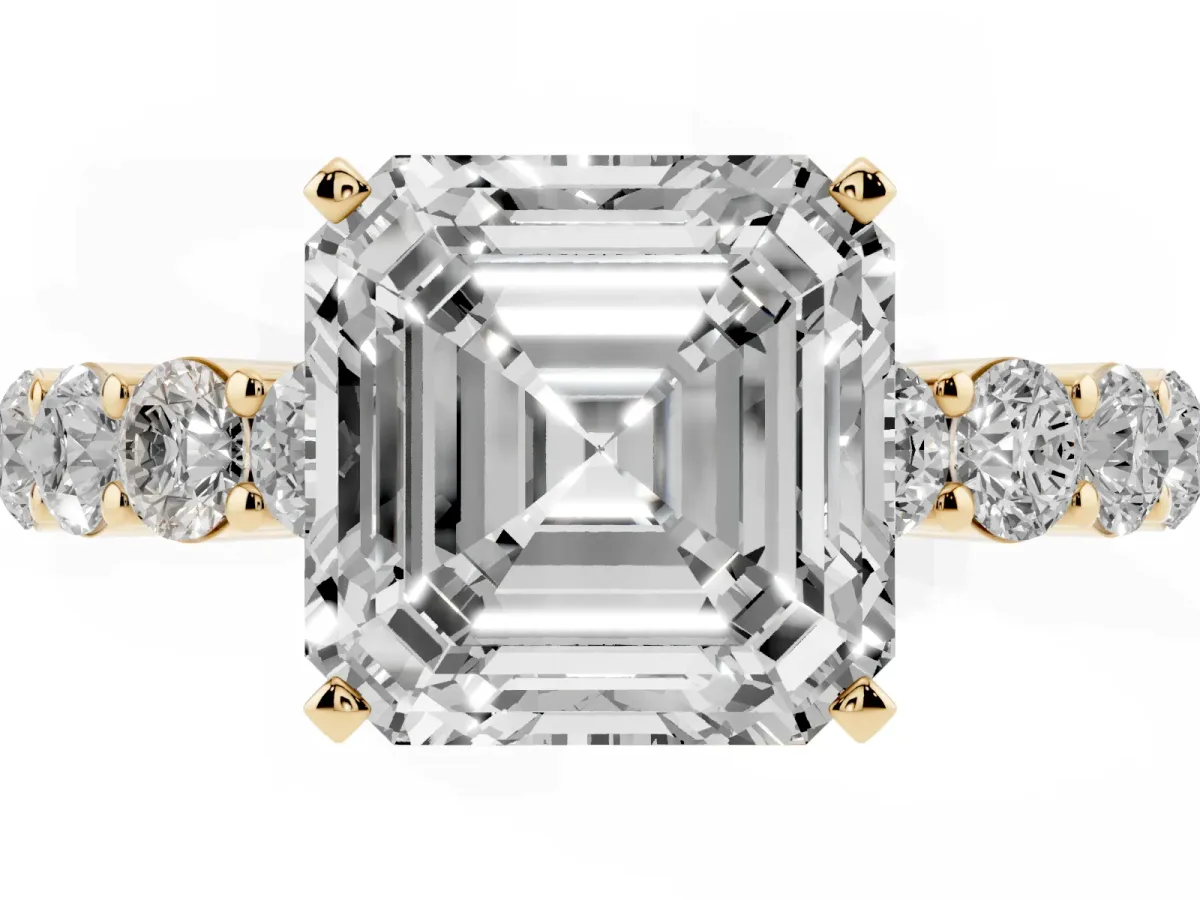 Asscher Cut Diamond Solitaire Ring with Shared Prong Round Side Stones Yellow gold