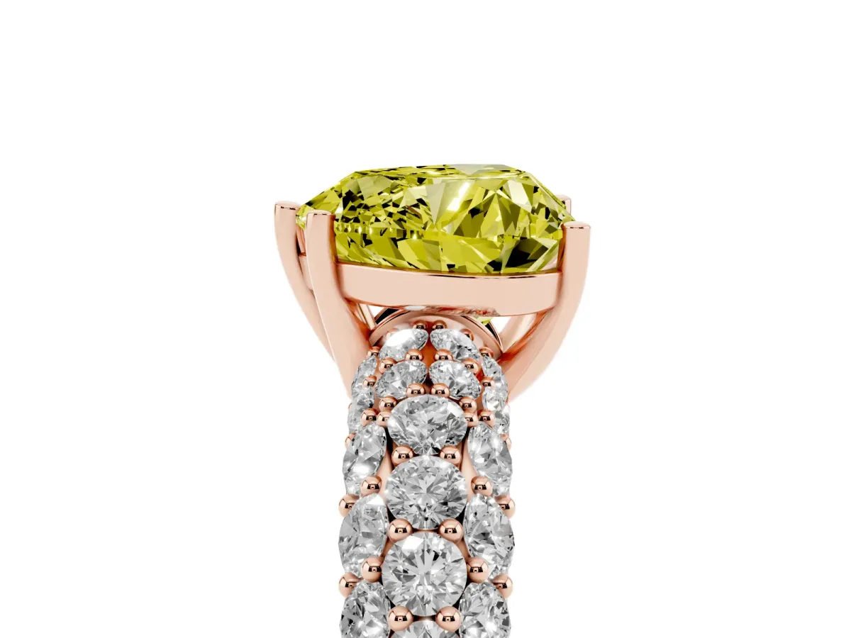 Fancy Yellow Heart Cut Diamond Pavé Band Solitaire Ring with Four-Prong Setting Rose gold