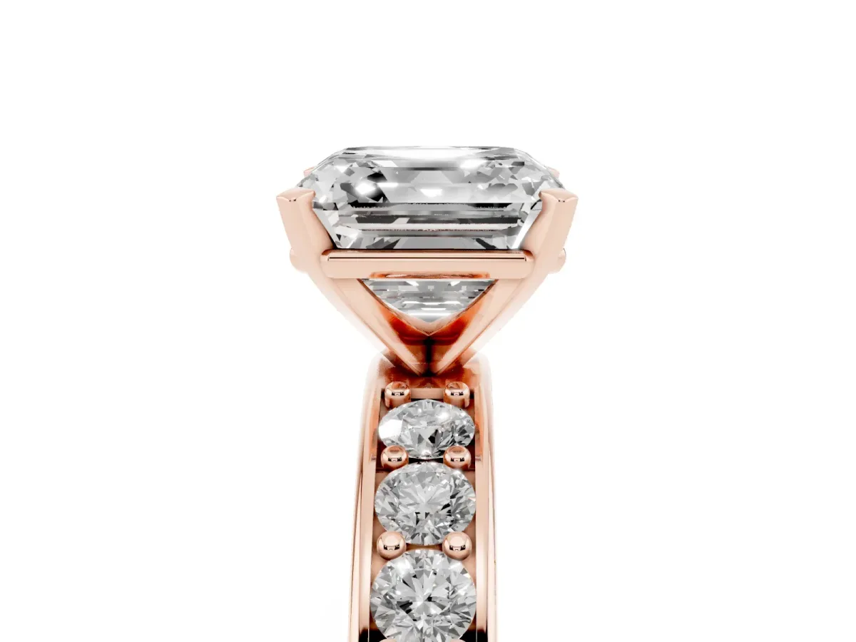 Asscher Cut Diamond Engagement Ring with Channel Set Round Band and Prong Setting Rose gold