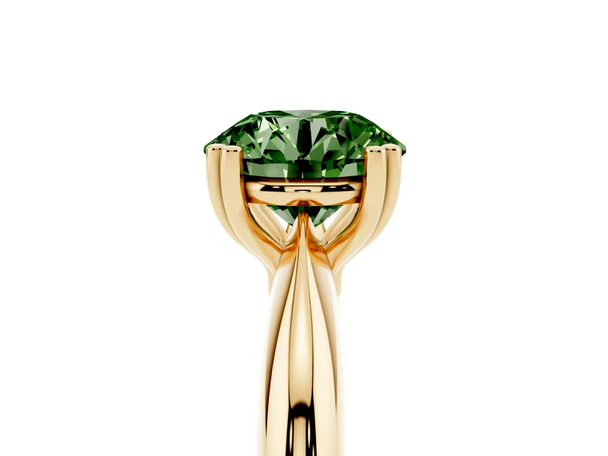 Fancy Green Round Cut Cut Solitaire Engagement Ring with Tapered Band and Four-Prong Setting Yellow gold