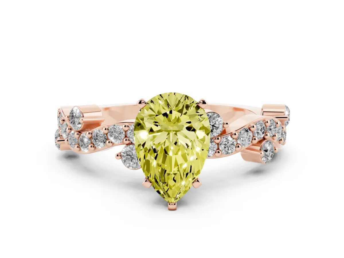 Fancy Yellow Pear Cut Cut Solitaire Diamond Twisted Band with Pave Setting Rose gold