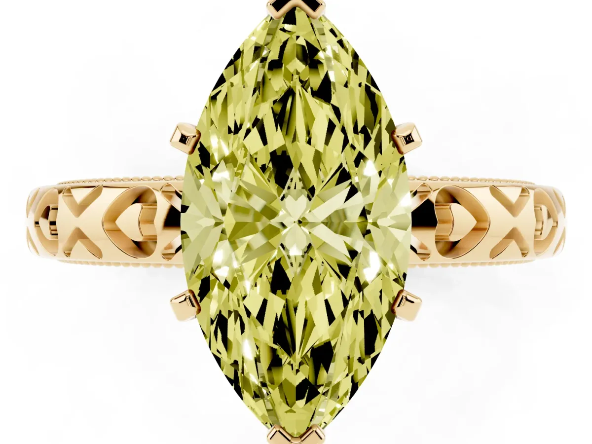 Fancy Yellow Marquise Cut Solitaire Diamond Engagement Ring with XO Engraved Band and Four-Prong Setting Yellow gold