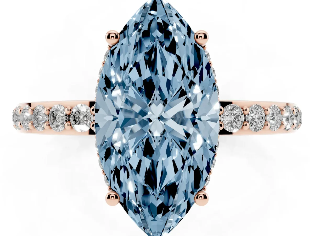 Fancy Blue Marquise Cut Diamond Solitaire Ring with Pavé Band and Hidden Halo Rose gold
