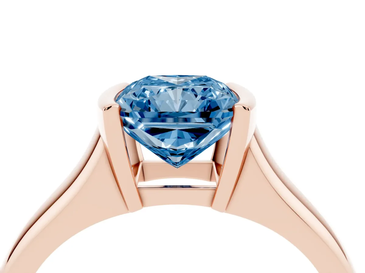 Fancy Blue Radiant Cut Solitaire Tension Set Diamond Ring with Split Shank Band Rose gold