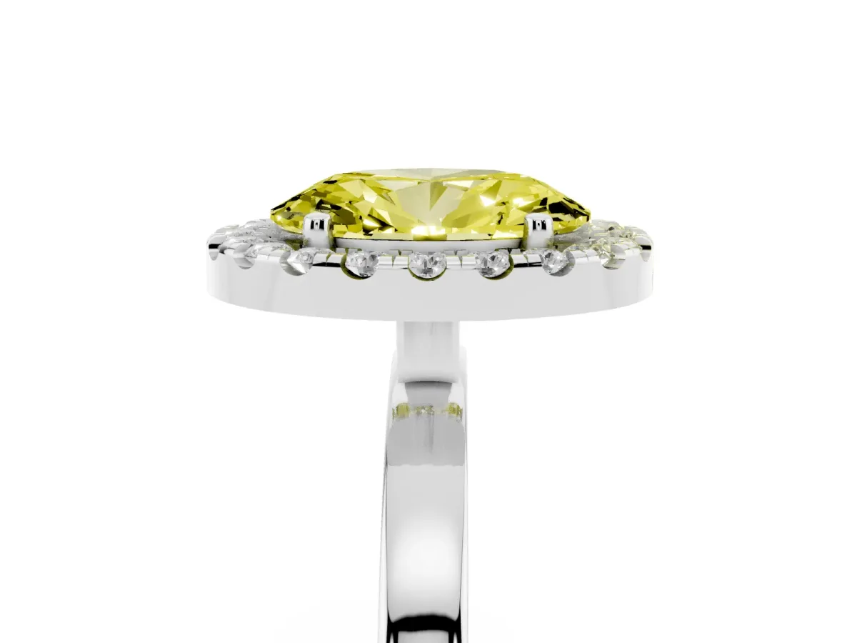Fancy Yellow Oval Cut Halo Diamond Solitaire with Pavé Band and Four-Prong Setting Platinum