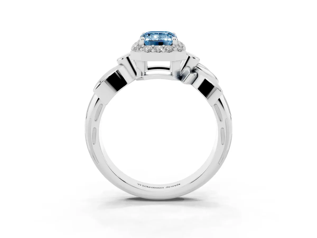 Fancy Blue Emerald Cut Halo Diamond Floral Band with Four-Prong Setting White gold