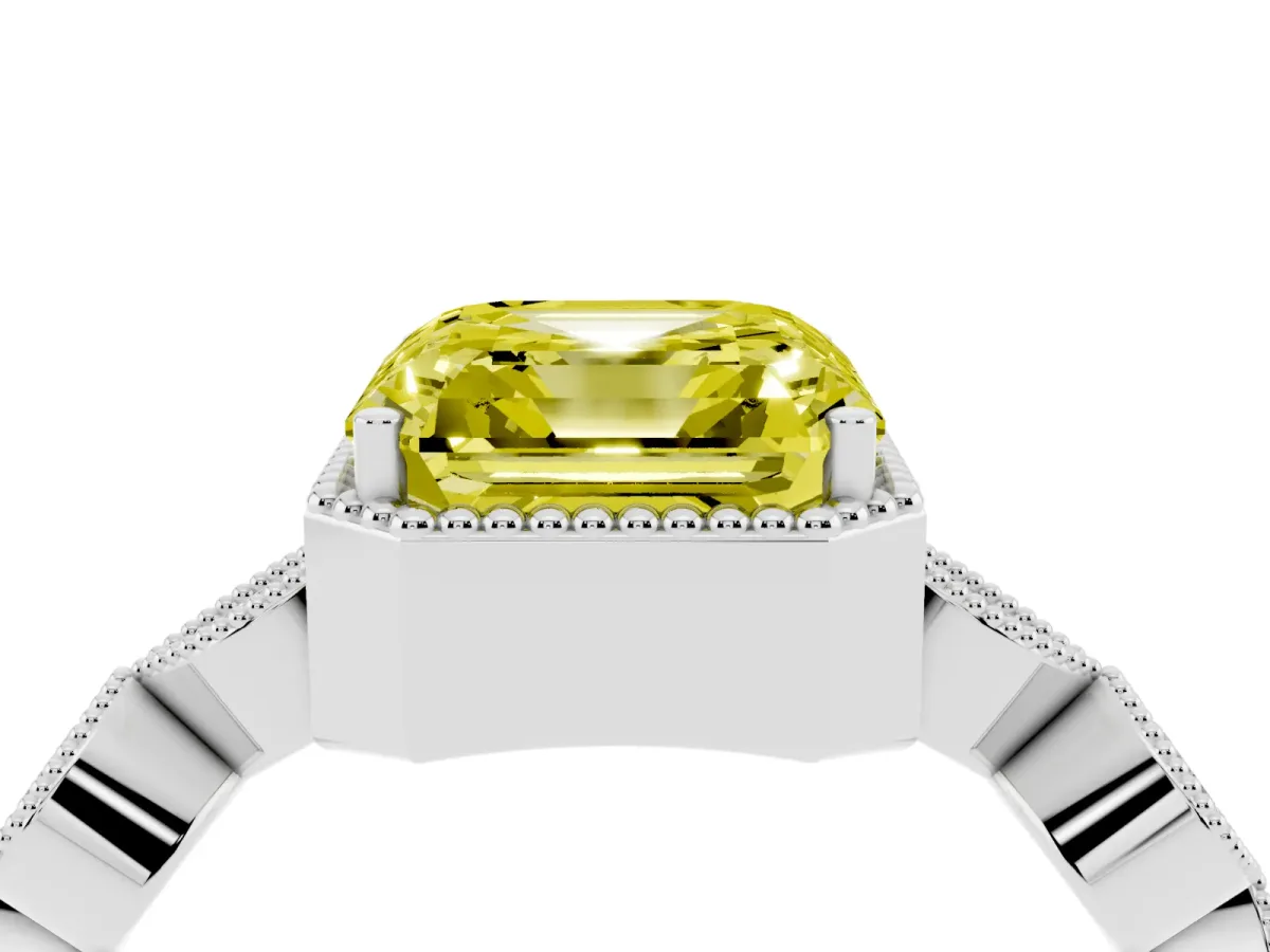 Fancy Yellow Asscher Cut Diamond Vintage Milgrain Ring with Round Stations Platinum