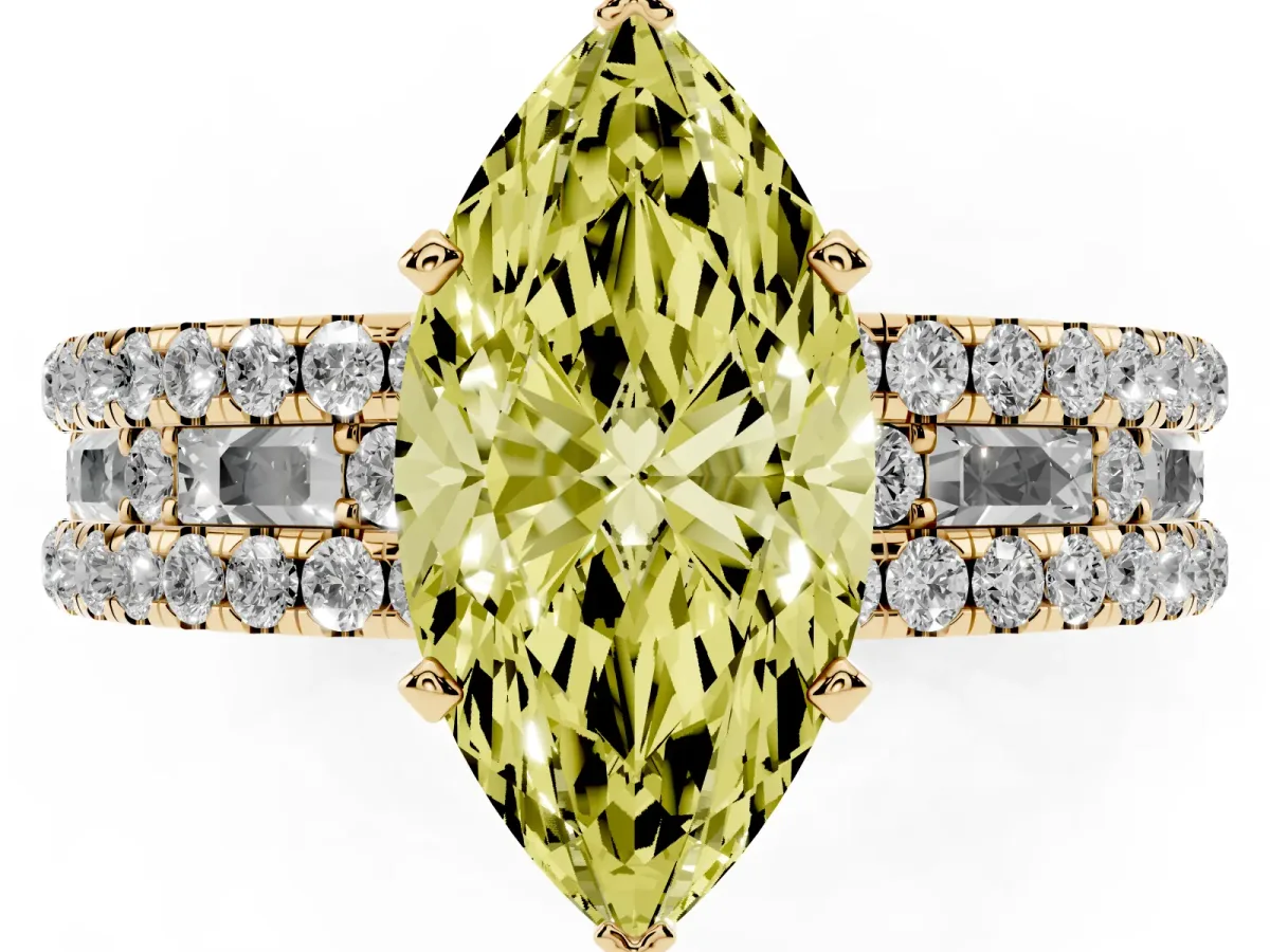 Fancy Yellow Marquise Cut Diamond Solitaire Ring with Pavé and Channel Set Band Yellow gold