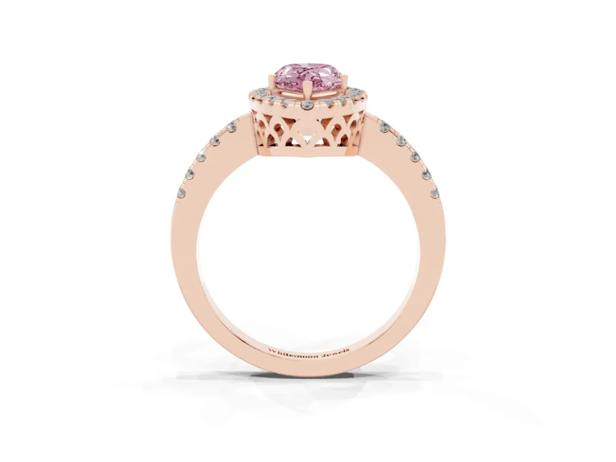 Fancy Pink Pear Cut Halo Diamond Engagement Ring with Pavé Band and Four-Prong Setting Rose gold