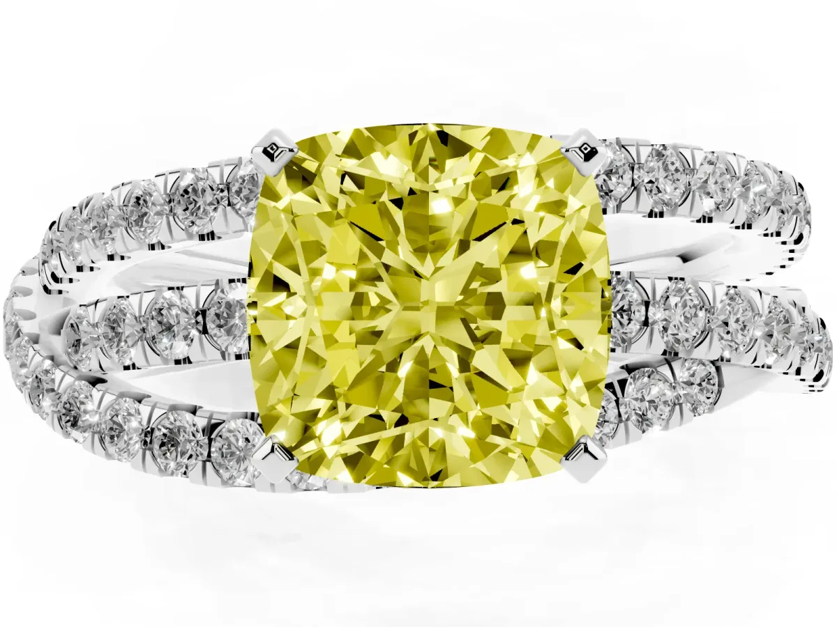 Fancy Yellow Cushion Cut Solitaire Twist Band with Pavé Setting and Four-Prong Setting Silver