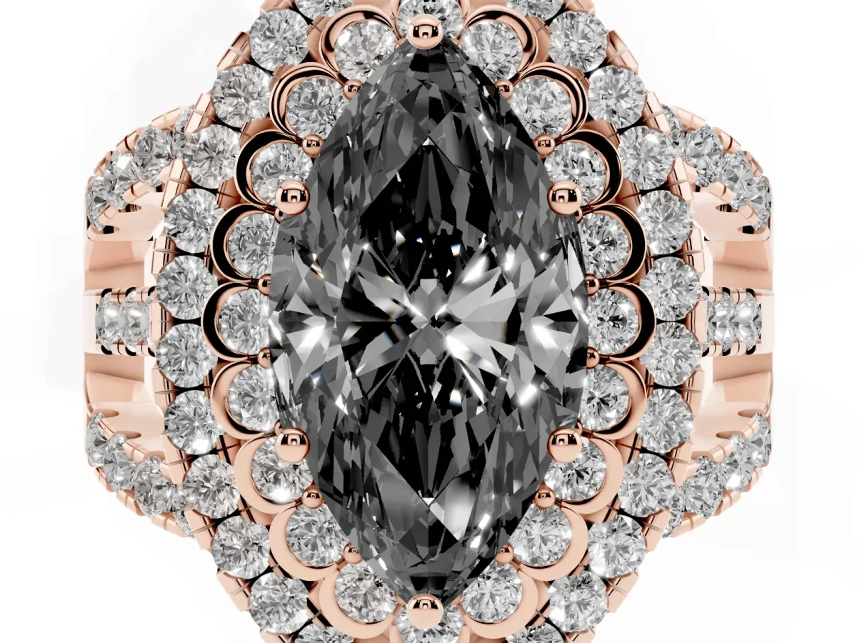 Fancy Black Marquise Cut Diamond Double Halo Ring with Round Pavé Split Shank and Prong Setting Rose gold