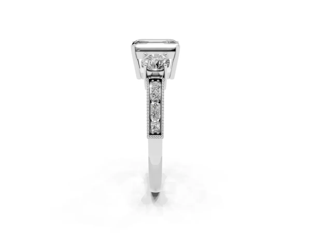 Fancy Black Emerald Cut Three-Stone Diamond Ring with Pavé Band and Four-Prong Setting Silver