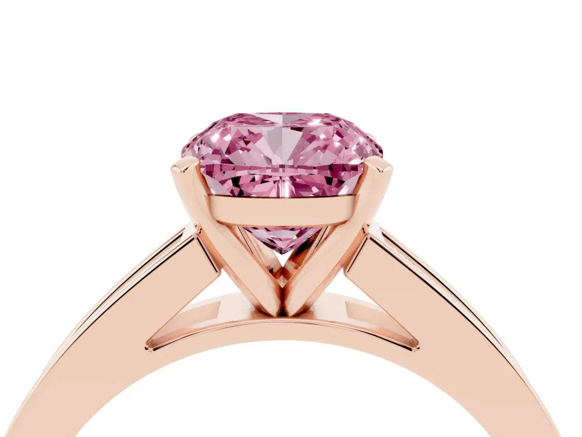 Fancy Pink Cushion Cut Solitaire Diamond Ring with Channel-Set Band and Four-Prong Setting Rose gold