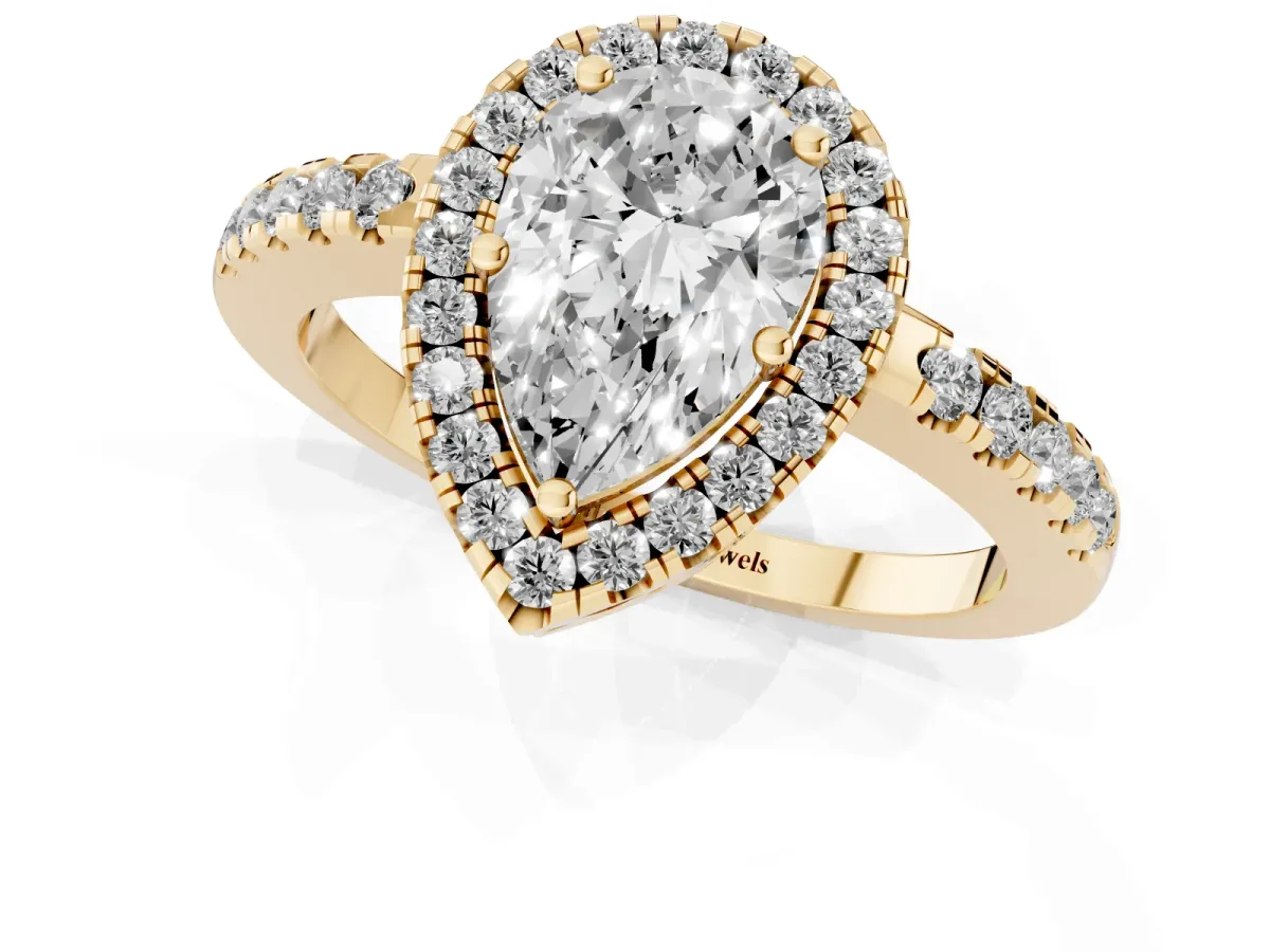 Pear Cut Halo Diamond Engagement Ring with Pavé Band and Four-Prong Setting Yellow gold