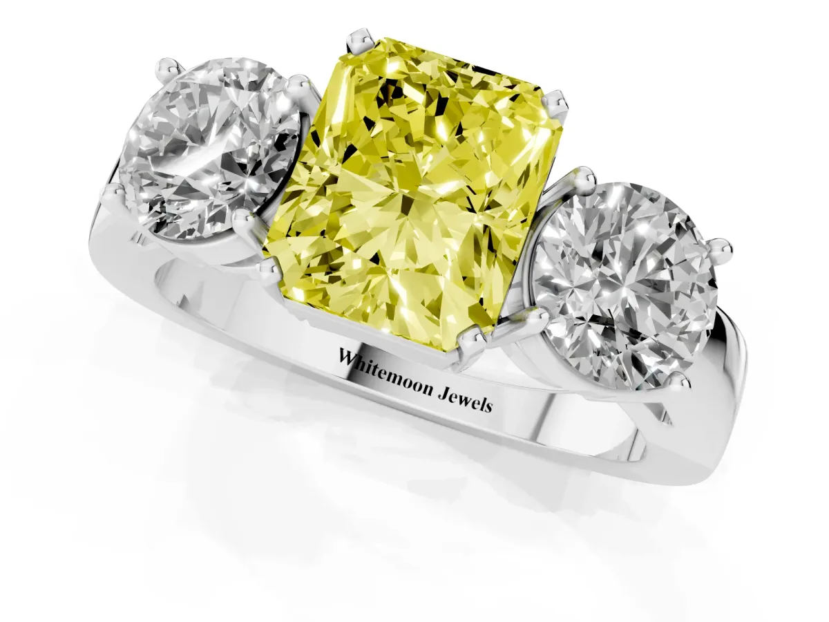 Fancy Yellow Three-Stone Radiant Cut Diamond Ring with Round Side Stones, Classic Band, and Four-Prong Setting Platinum