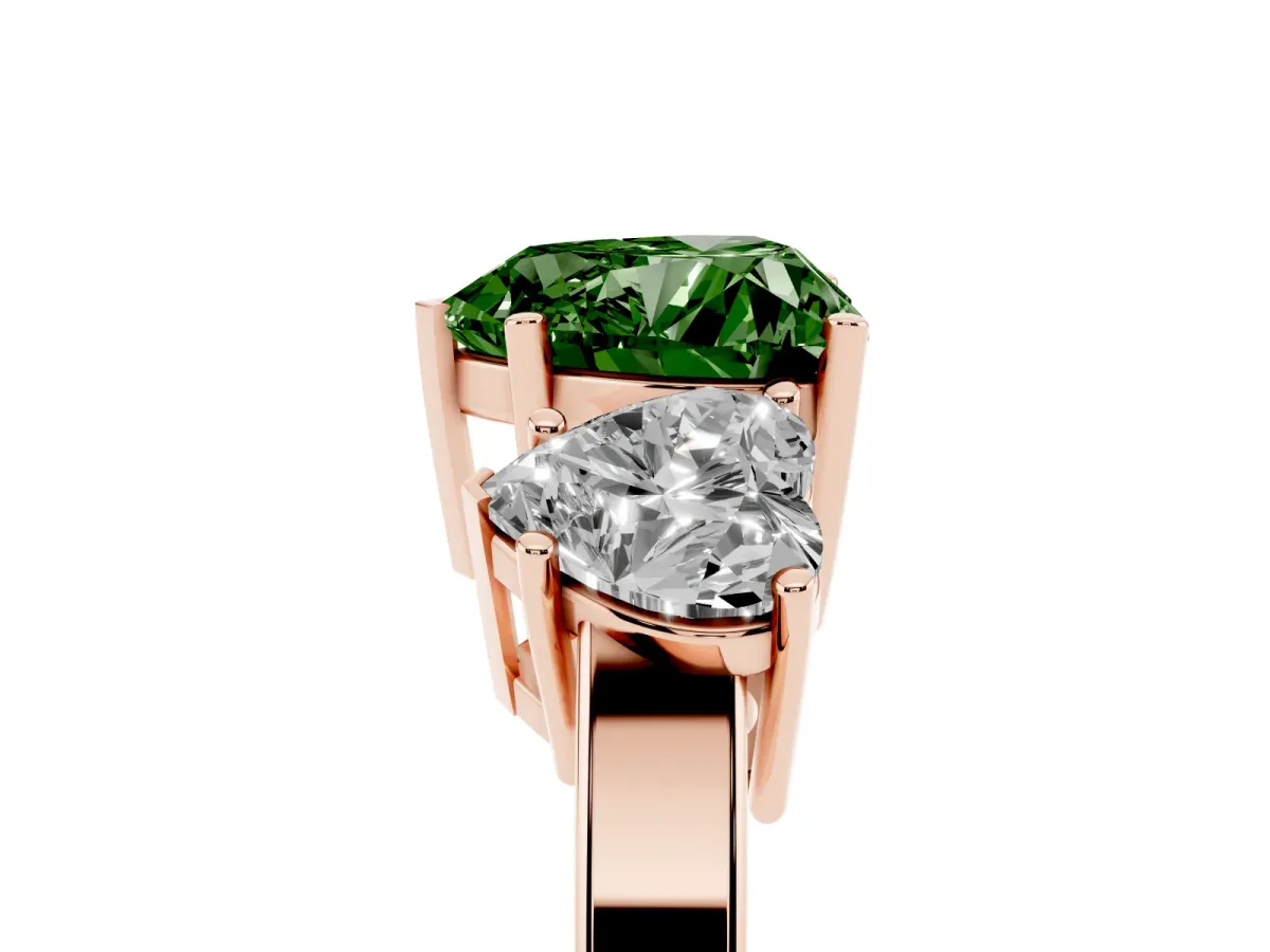 Fancy Green Three-Stone Heart Cut Cut Diamond Engagement Ring with Flat Band and Four-Prong Setting Rose gold