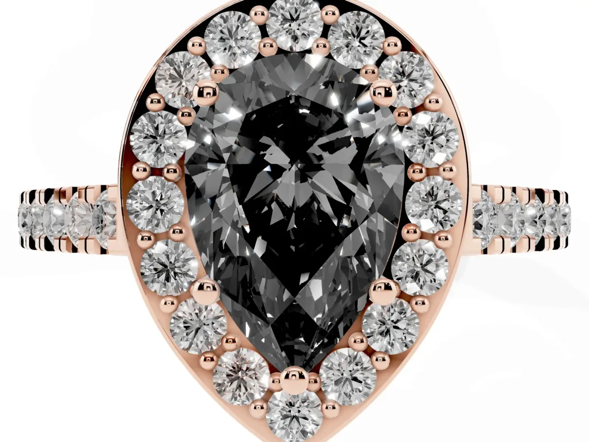 Fancy Black Pear Cut Diamond Halo Ring with Round Pavé Split Shank and Prong Setting Rose gold