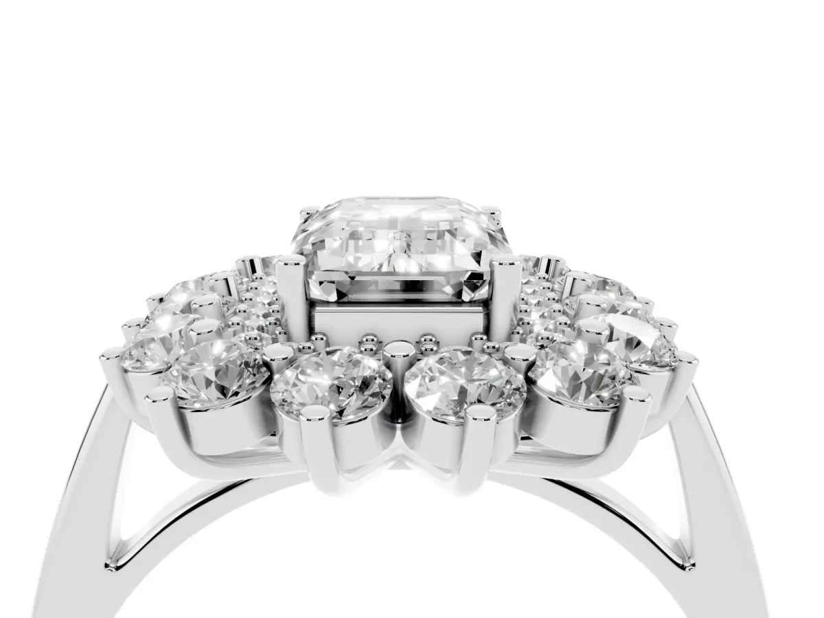 Emerald Cut Diamond Floral Double Halo Engagement Ring with Prong Setting Silver