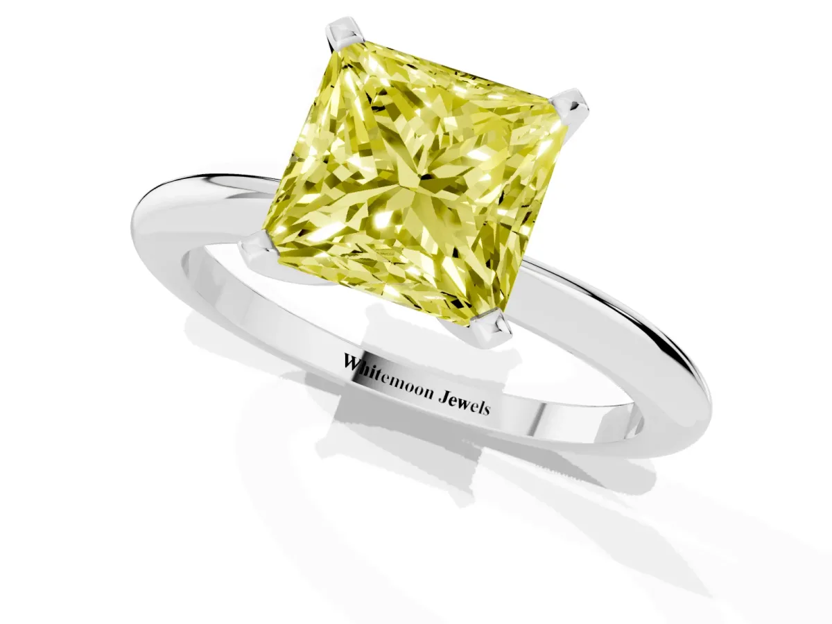 Fancy Yellow Princess Cut Diamond Solitaire Ring with Prong Setting and Classic Band Platinum