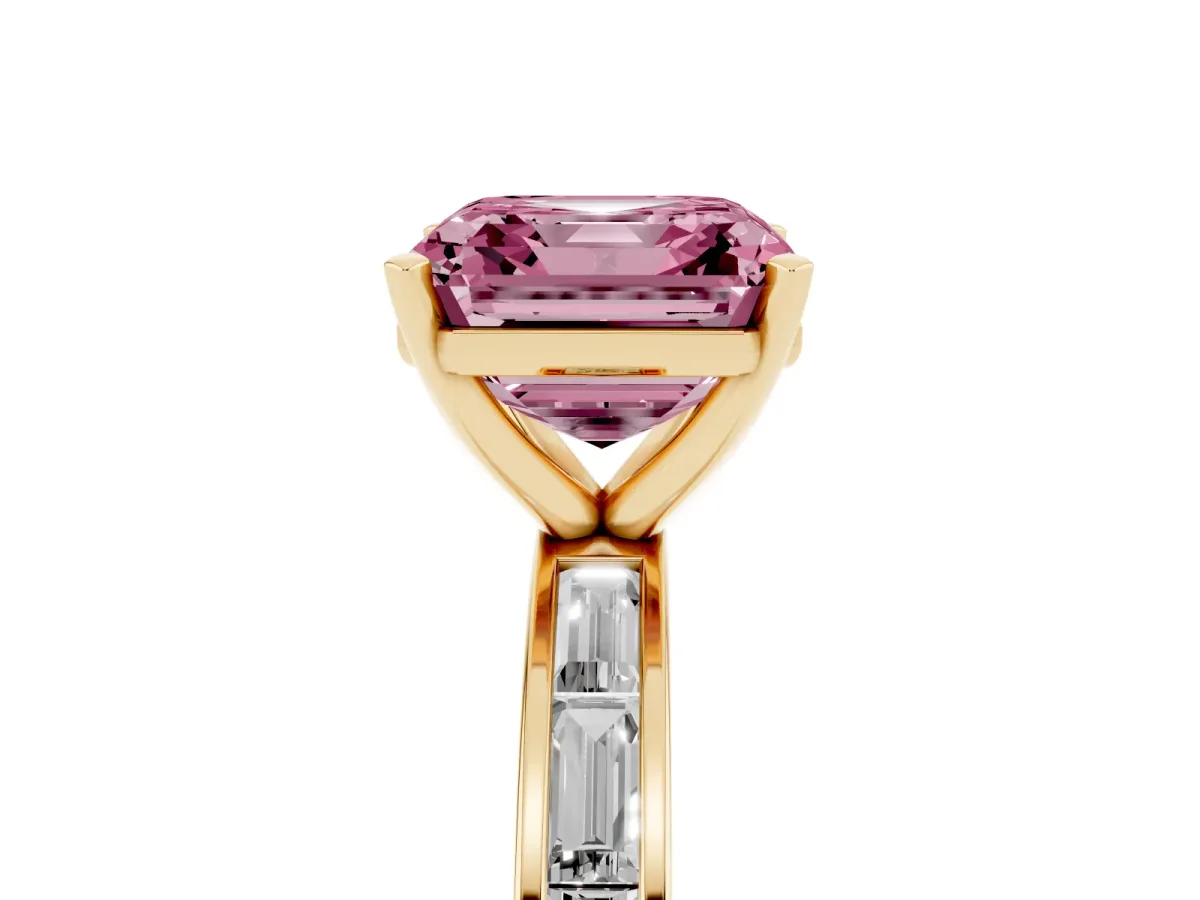 Fancy Pink Asscher Cut Solitaire Diamond Ring with Channel-Set Baguette Band and Four-Prong Setting Yellow gold
