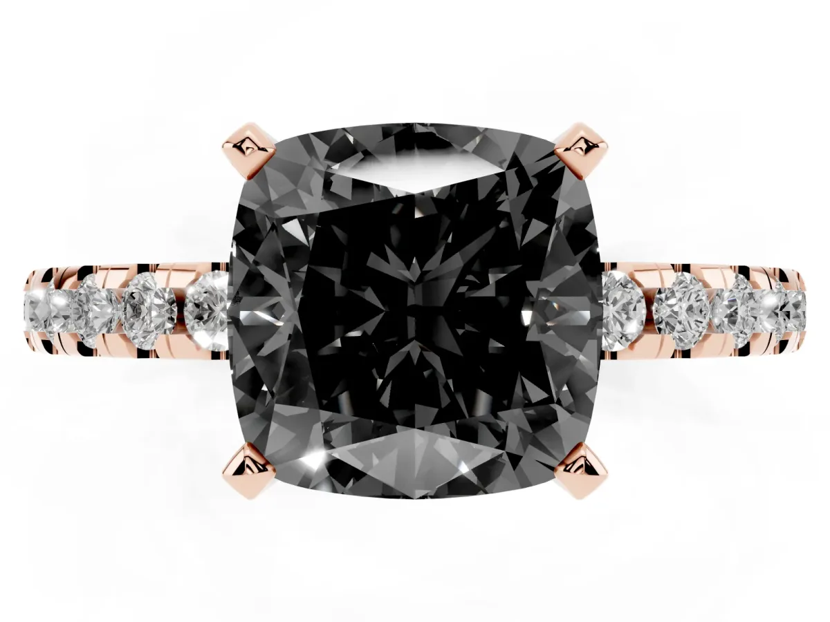 Fancy Black Cushion Cut Diamond Solitaire Ring with Round Pavé Band and Four-Prong Setting Rose gold