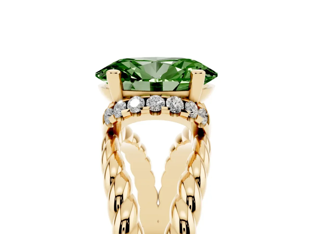 Fancy Green Oval Cut Halo Twisted Band Four-Prong Ring Yellow gold