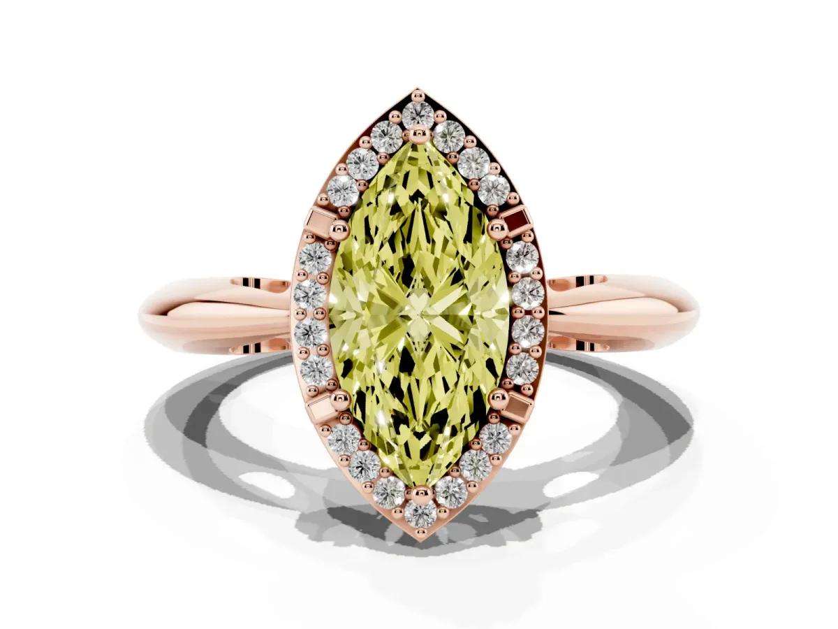 Fancy Yellow Marquise Cut Cut Diamond Halo Engagement Ring with Split Shank and Four-Prong Setting Rose gold