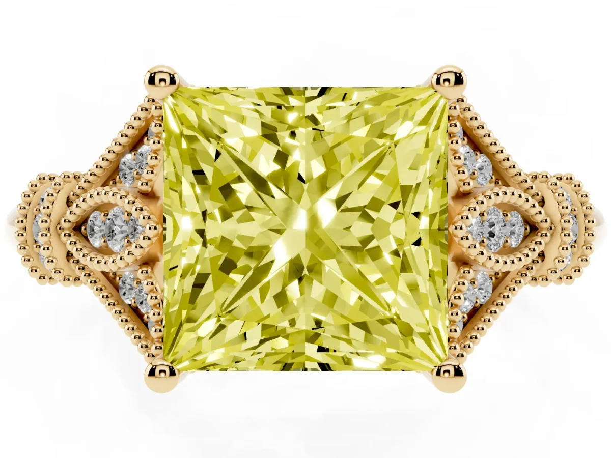 Fancy Yellow Princess Cut Diamond Solitaire Ring with Floral Filigree and Pave Accents Yellow gold
