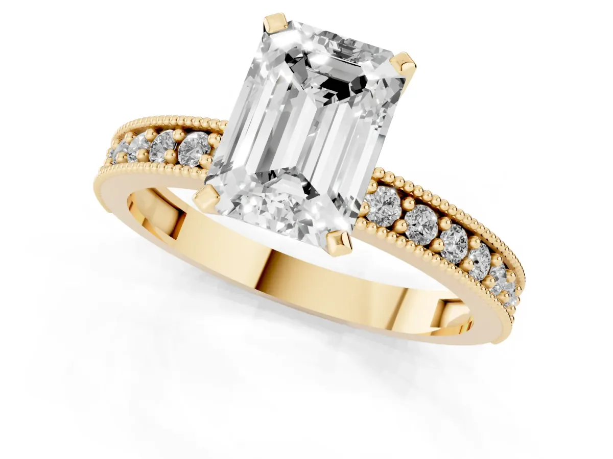 Emerald Cut Diamond Milgrain Pavé Engagement Ring with Four-Prong Setting Yellow gold