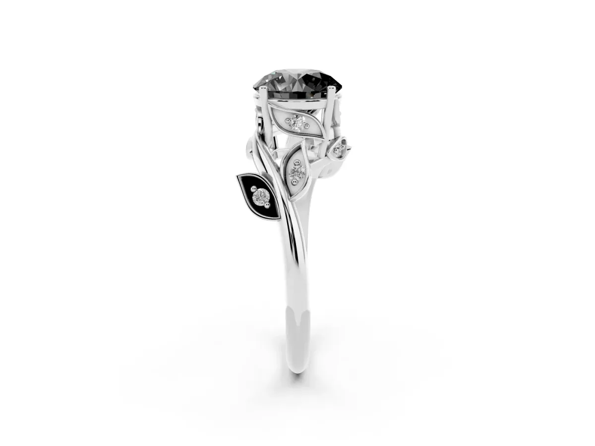 Fancy Black Round Cut Solitaire Twist Engagement Ring with Leaf Accents and Prong Setting Silver
