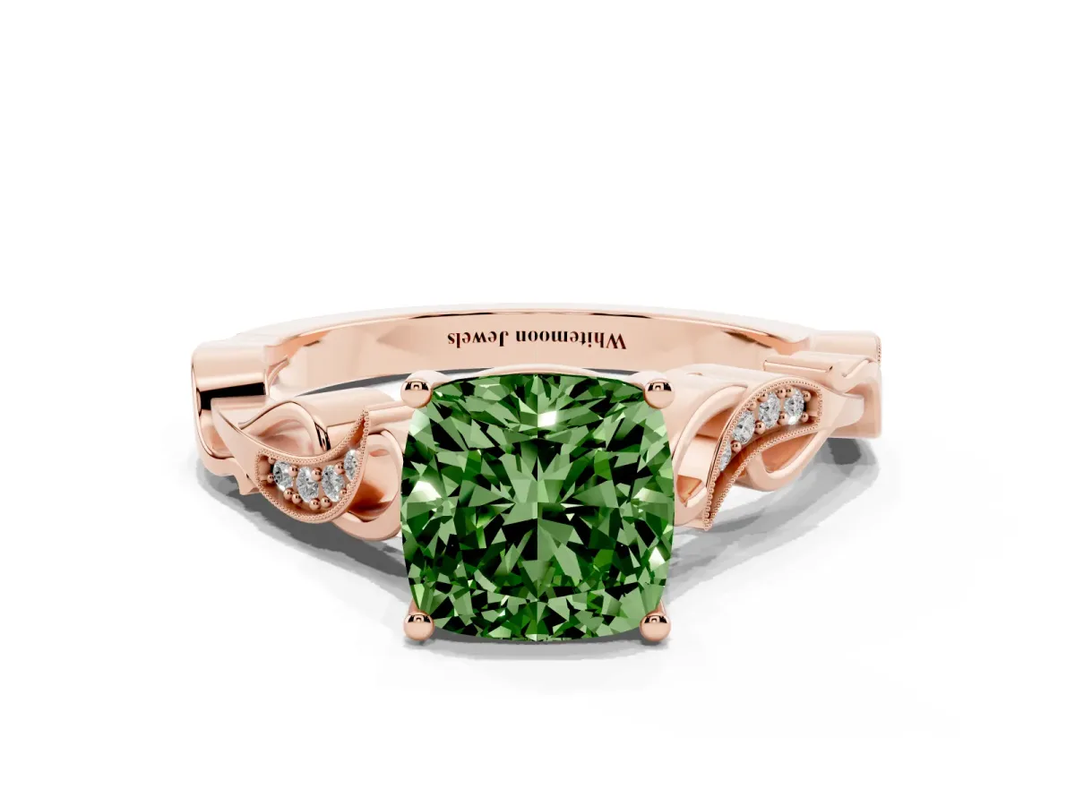 Fancy Green Cushion Cut Solitaire Vine Band with Milgrain Prong Setting Rose gold